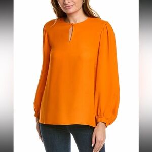 Lafayette 148 Layton Silk Blouse Keyhole Women’s Small Orange Long Sleeve